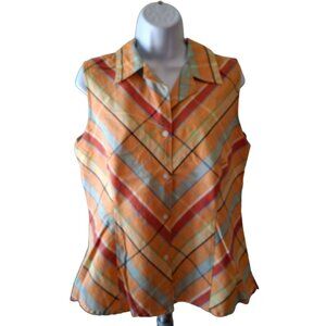 Liz Claiborne Womens Top 10 Orange Plaid Sleveless Collar Preppy Light Academia
